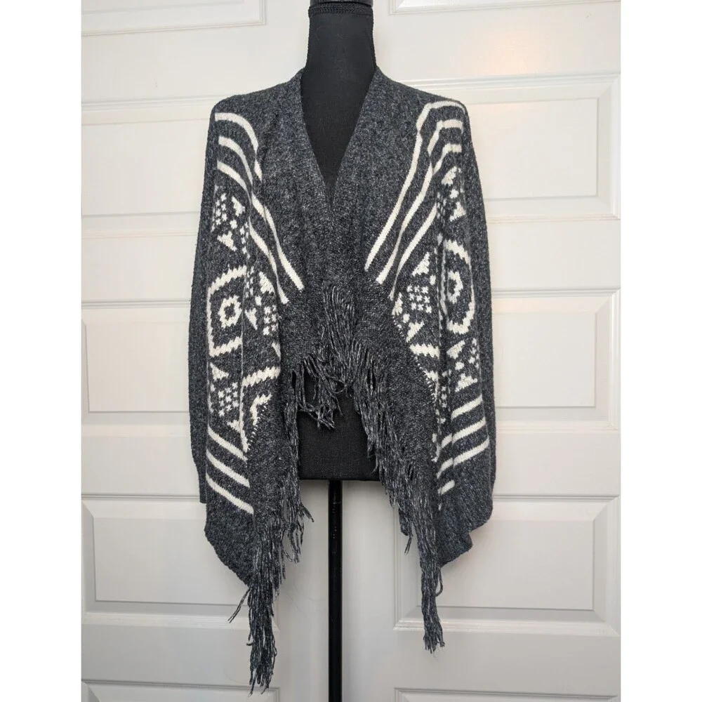 Hollister Gray Aztec Sweater Size S Open Front Cardigan Tassels Southwestern